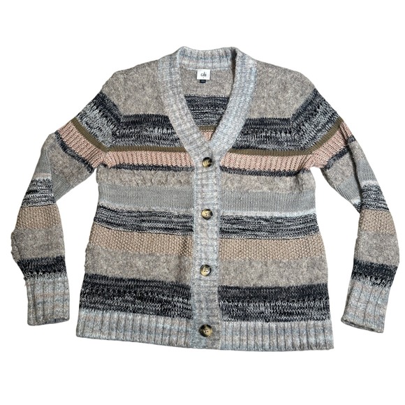 Cabi Cardigan Sweater Small S Knit Striped Button Front Long Sleeve Gray Pink - Picture 1 of 10